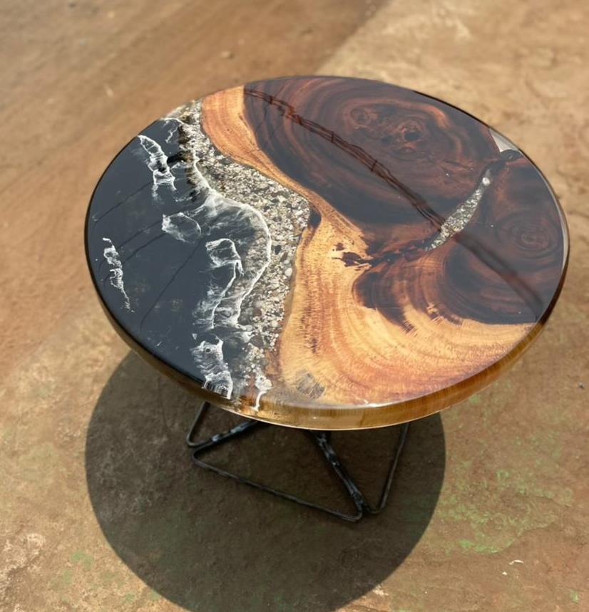 Black ocean round resin art table for home