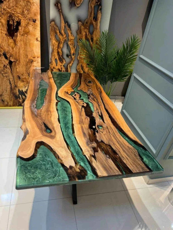 Green River Resin Art Dining table | Unique Wooden Dining Table with legs