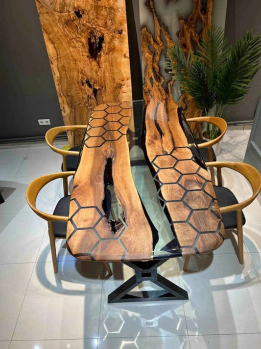 Hexagonal Wooden Epoxy Resin Dining Table with legs - Pacific Resin Art