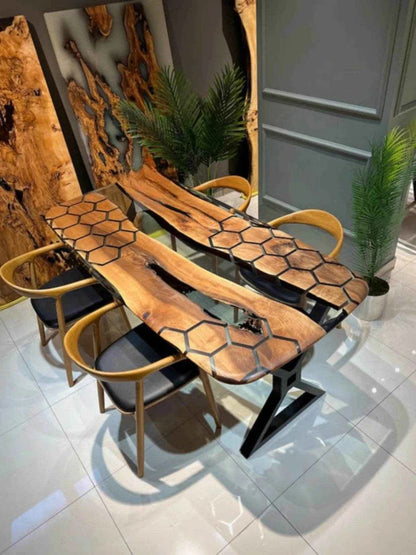 Hexagonal Wooden Epoxy Resin Dining Table with legs - Pacific Resin Art