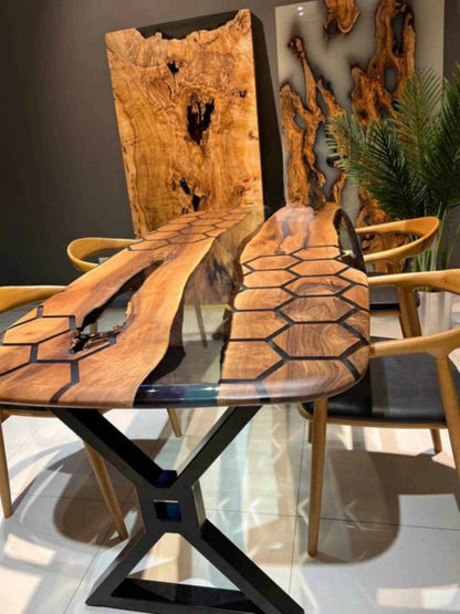 Hexagonal Wooden Epoxy Resin Dining Table with legs - Pacific Resin Art