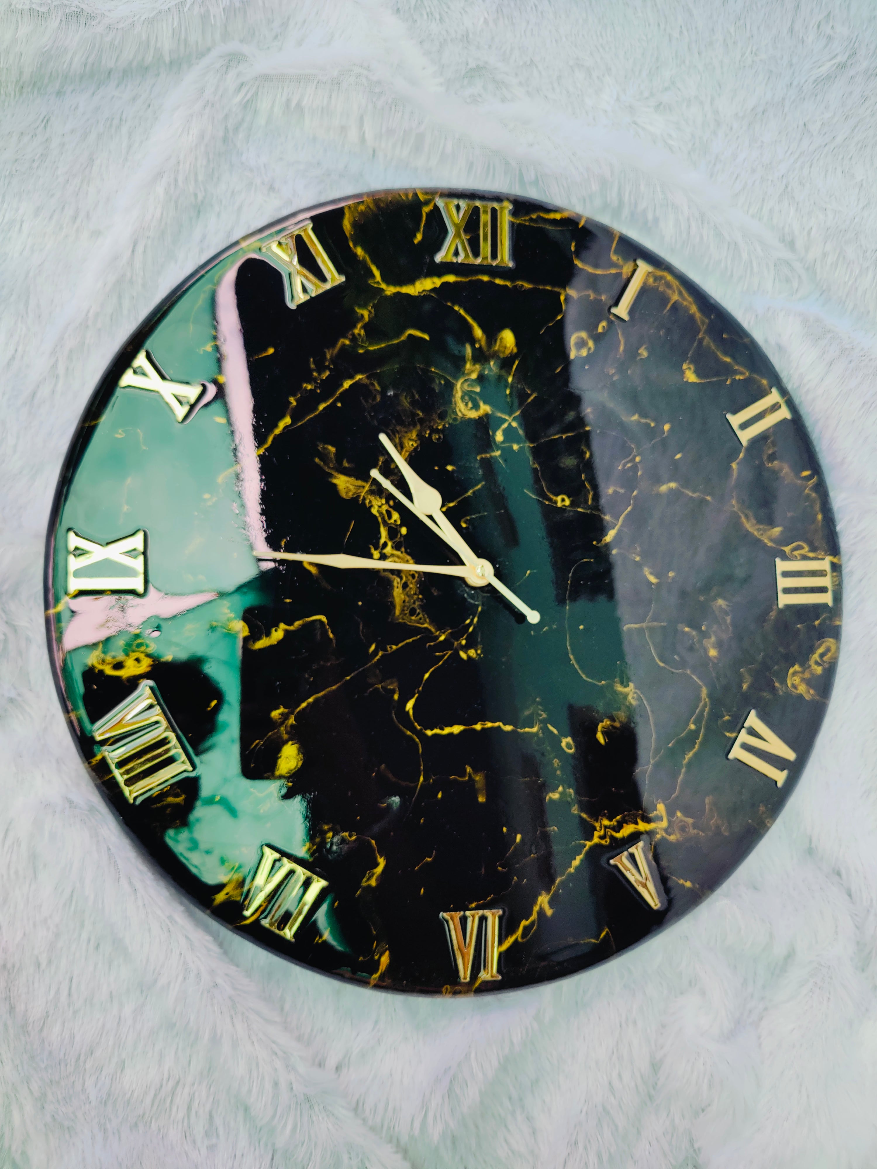 Black golden marble Resin Art wall clock