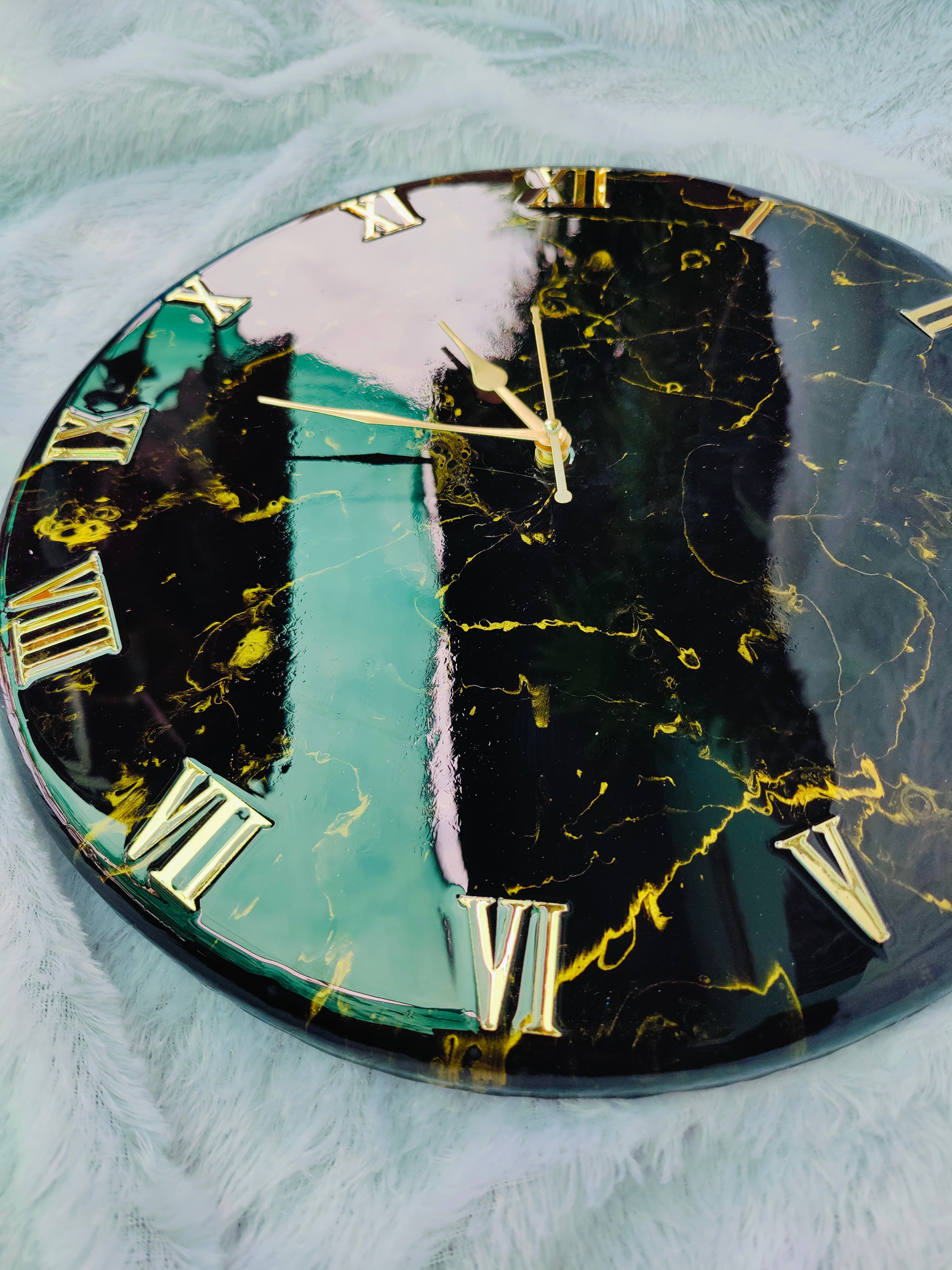 Black golden marble Resin Art wall clock