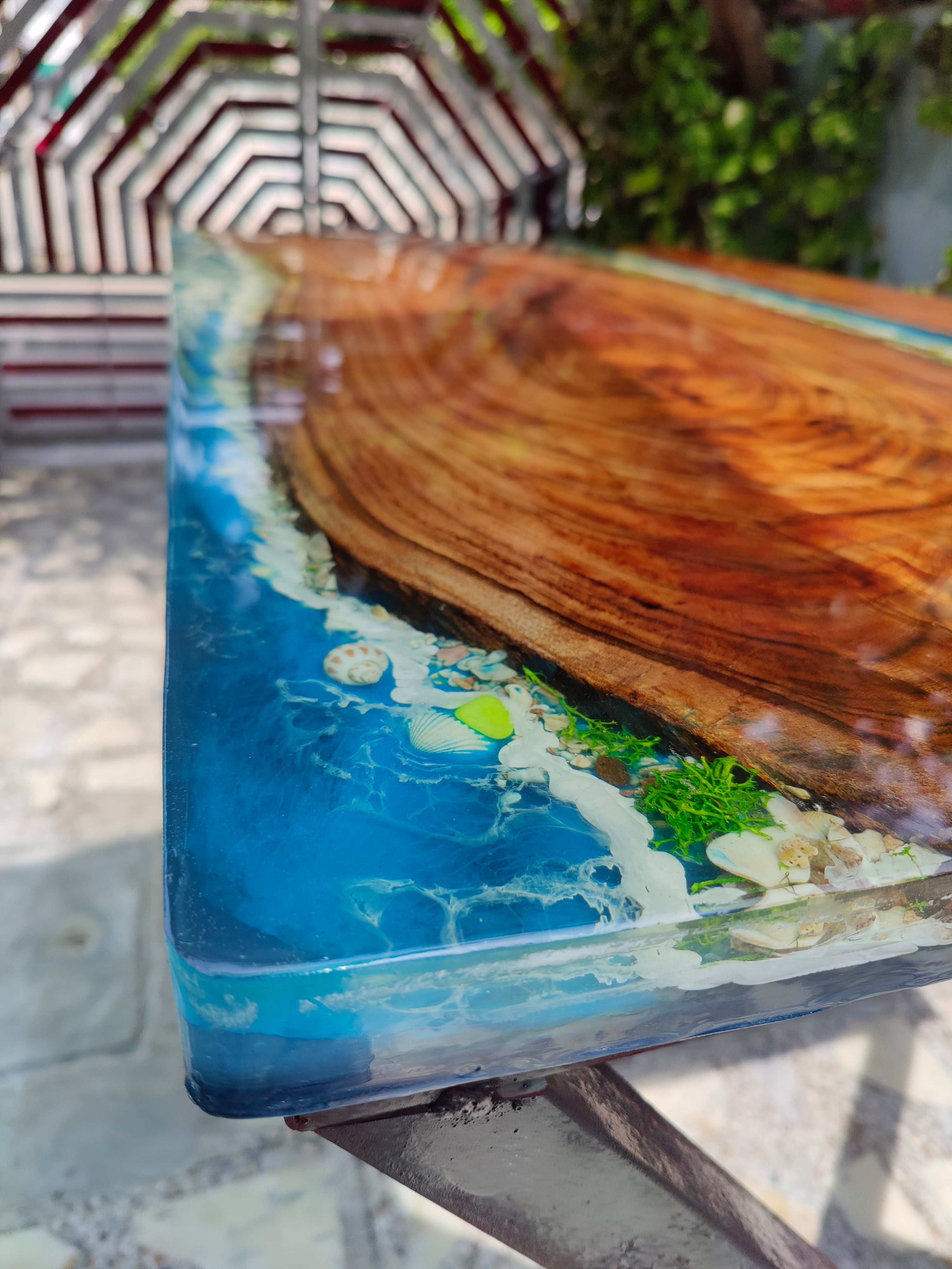 River Epoxy resin art Dining table blue ocean theme without stand