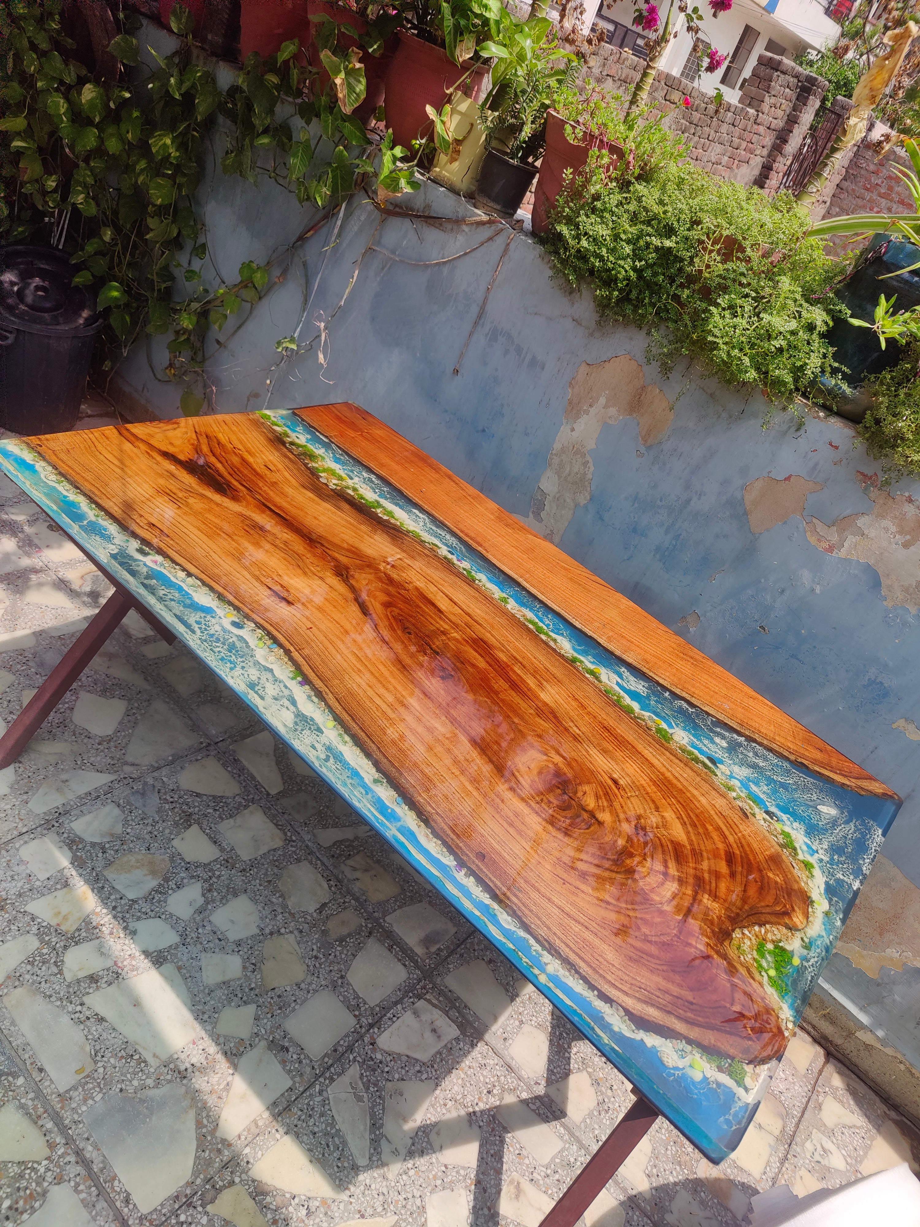 River Epoxy resin art Dining table blue ocean theme without stand
