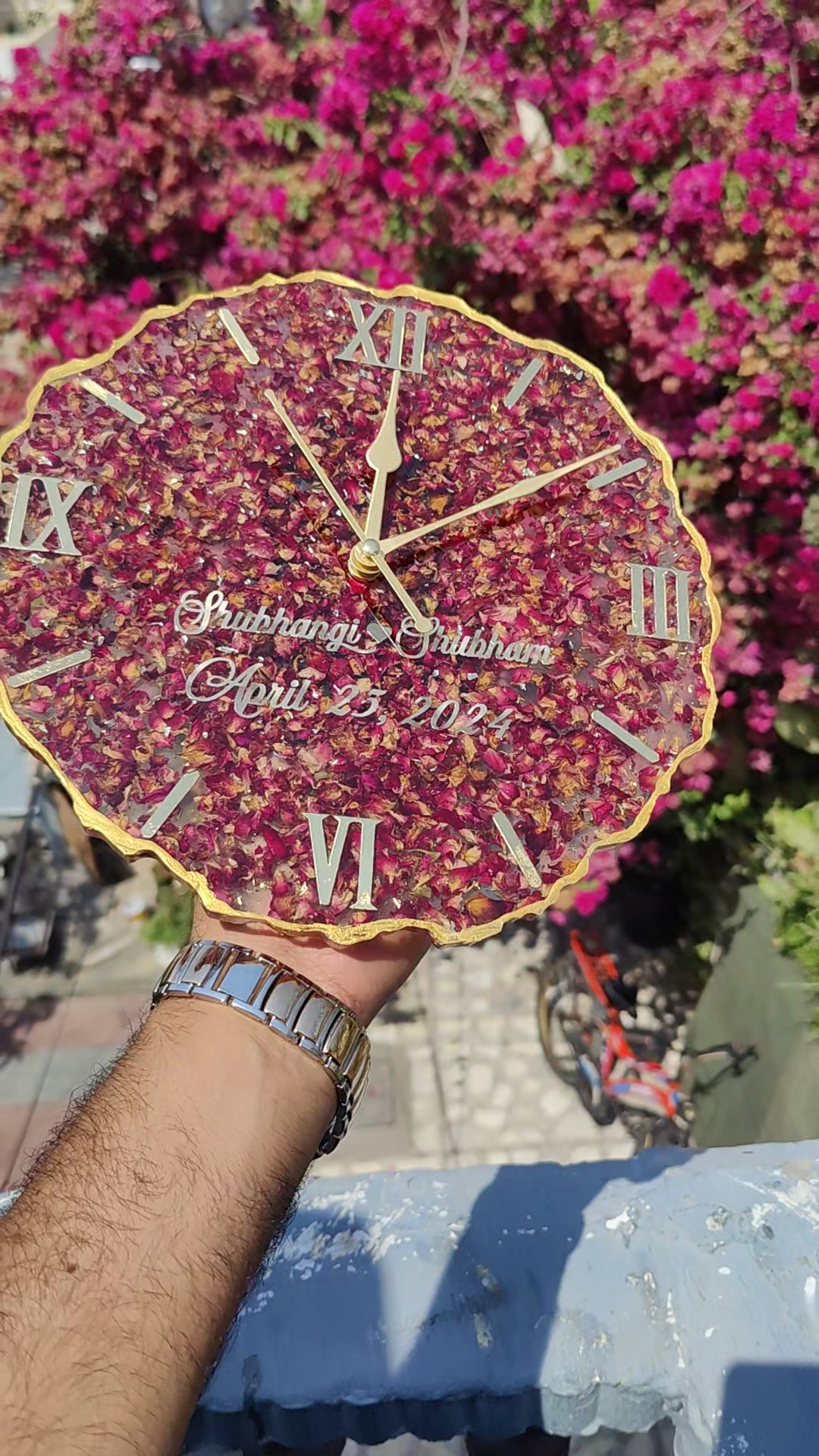 Resin art personalized rose preserved wall clock