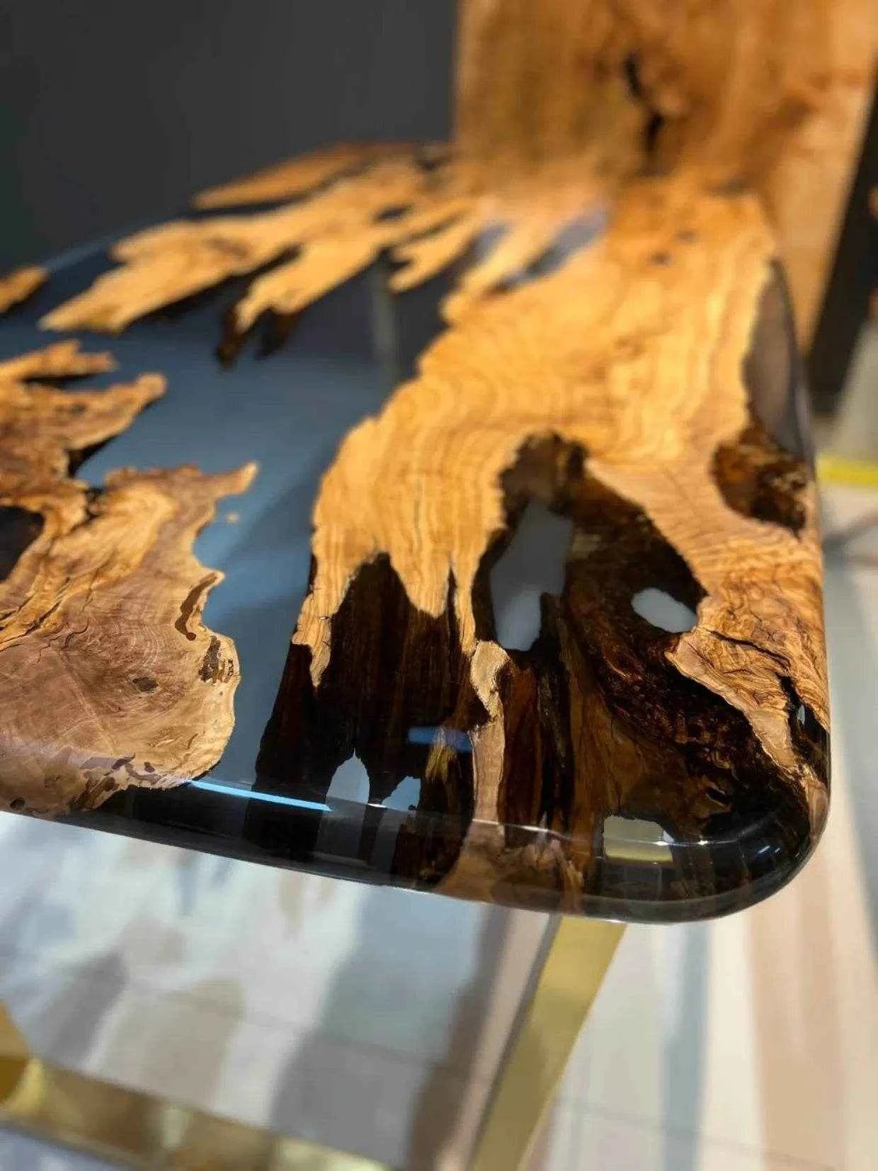 Ink Black Translucent Resin Dining table | Modern Wooden Dining Table with legs - Pacific Resin Art