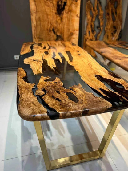 Ink Black Translucent Resin Dining table | Modern Wooden Dining Table with legs - Pacific Resin Art