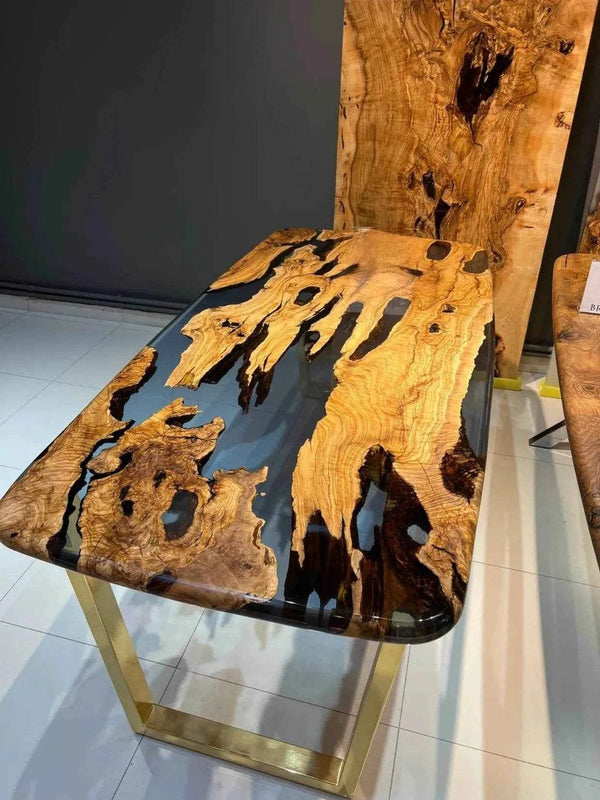 Ink Black Translucent Resin Dining table | Modern Wooden Dining Table with legs