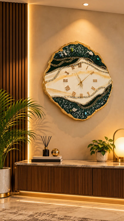 Emerald Agate & Gold Resin Wall Clock | Natural Luxury