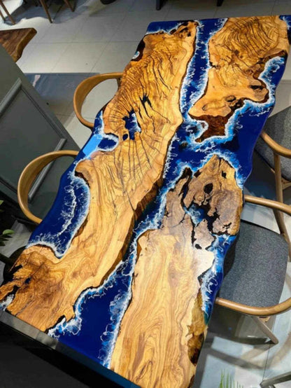 Aqua Bloom Wooden Resin Dining Table | Modern Dining Furniture with legs - Pacific Resin Art