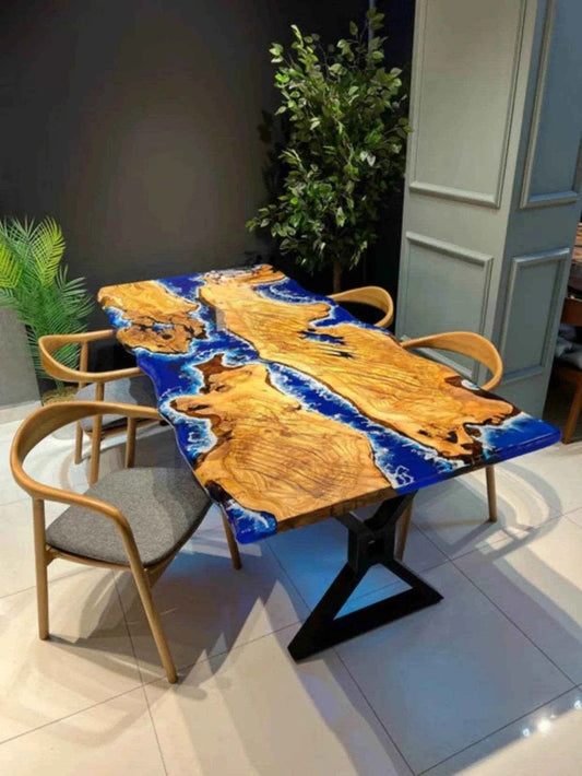 Aqua Bloom Wooden Resin Dining Table | Modern Dining Furniture with legs - Pacific Resin Art