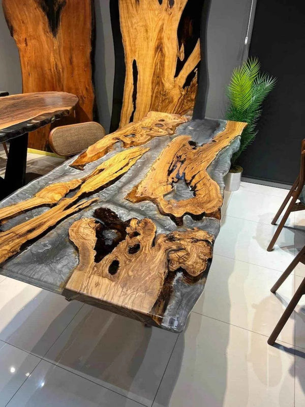Grey Pearl Resin Art Dining table | Luxury Wooden Dining Table with legs