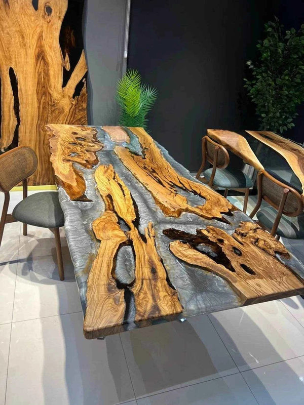 Grey Pearl Resin Art Dining table | Luxury Wooden Dining Table with legs
