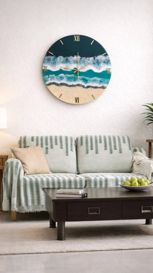 Living room with a decorative wall clock featuring an ocean design, a sofa, and a coffee table.