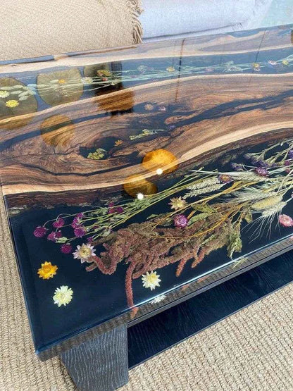 Black Floral Resin Dining table | Stylish Epoxy Resin Dining Table with legs - Pacific Resin Art