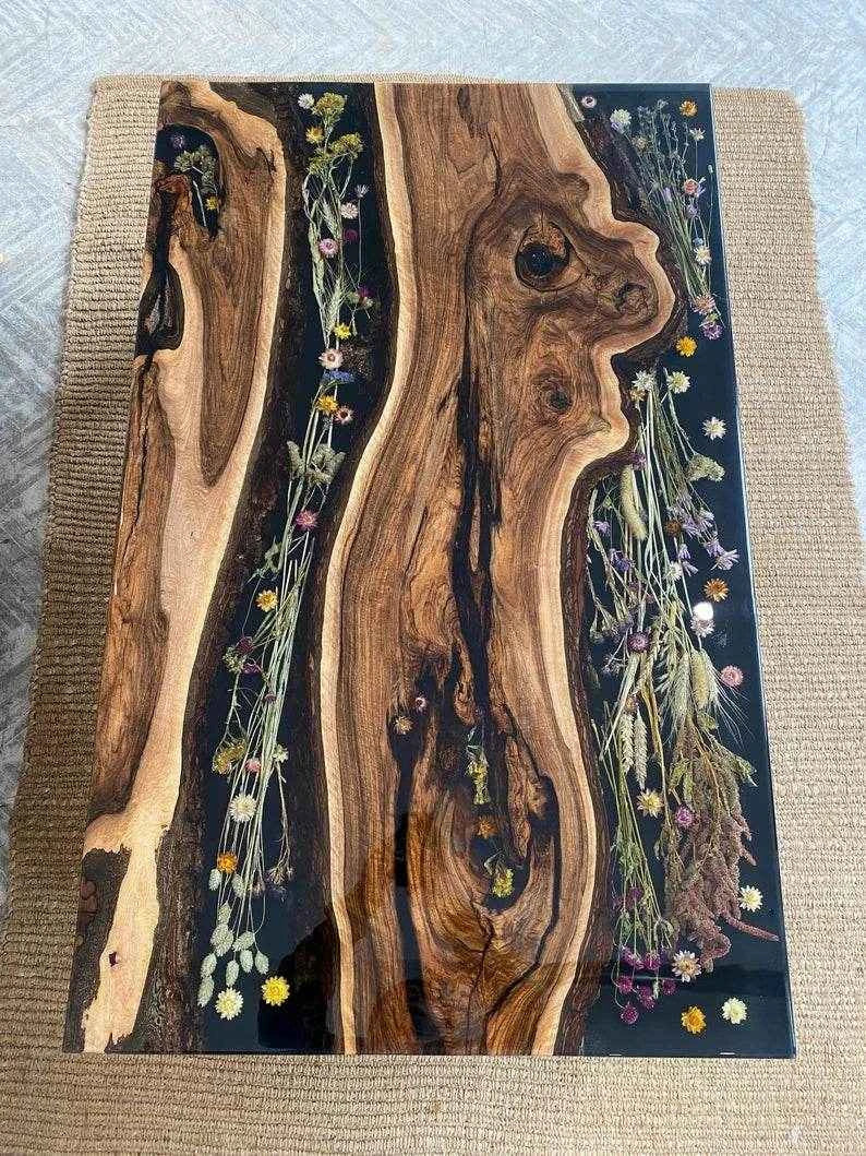 Black Floral Resin Dining table | Stylish Epoxy Resin Dining Table with legs - Pacific Resin Art