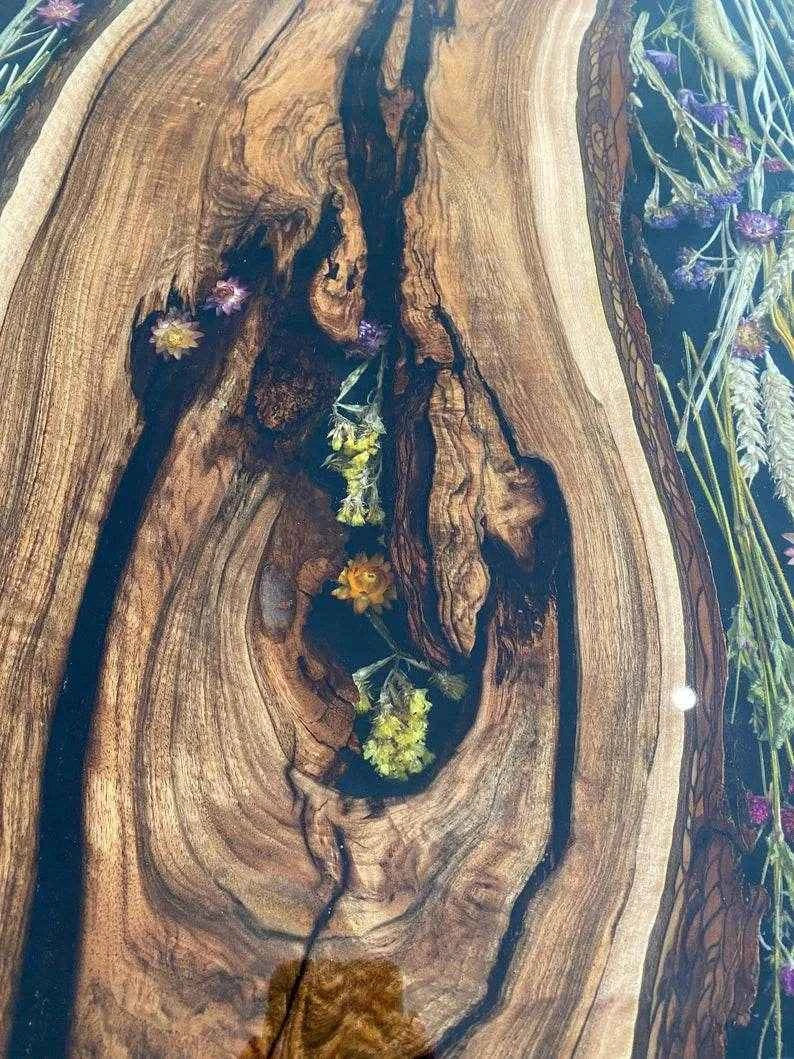 Black Floral Resin Dining table | Stylish Epoxy Resin Dining Table with legs - Pacific Resin Art