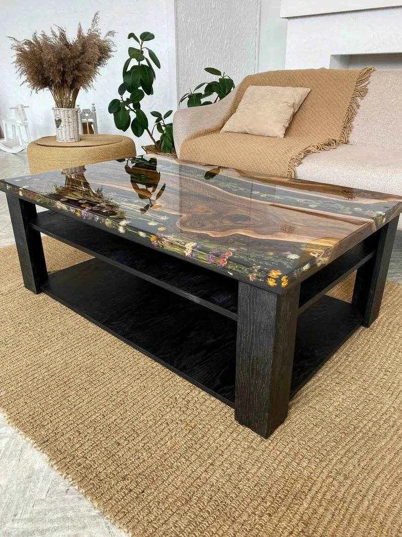 Black Floral Resin Dining table | Stylish Epoxy Resin Dining Table with legs - Pacific Resin Art