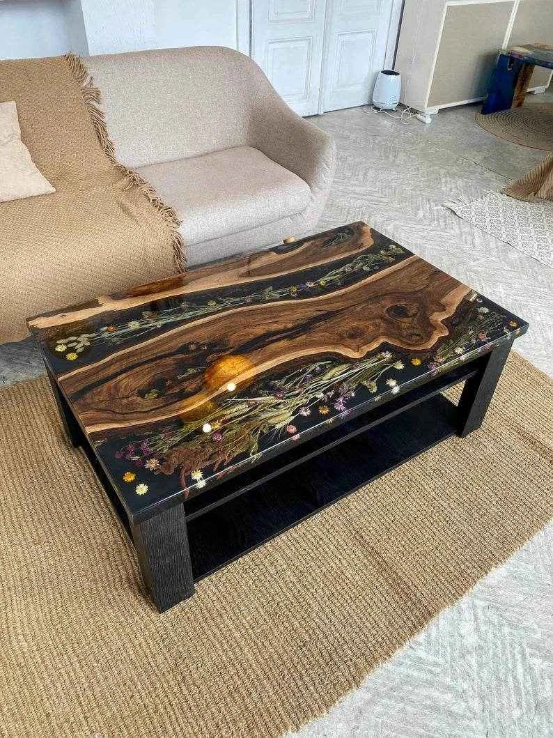 Black Floral Resin Dining table | Stylish Epoxy Resin Dining Table with legs - Pacific Resin Art