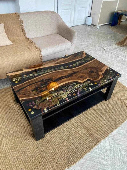 Black Floral Resin Dining table | Stylish Epoxy Resin Dining Table with legs - Pacific Resin Art