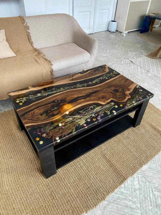 Black Floral Resin Dining table | Stylish Epoxy Resin Dining Table with legs - Pacific Resin Art