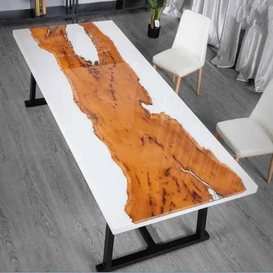 White Glossy Wooden Resin Dining table | Modern Resin Art Furniture with legs - Pacific Resin Art