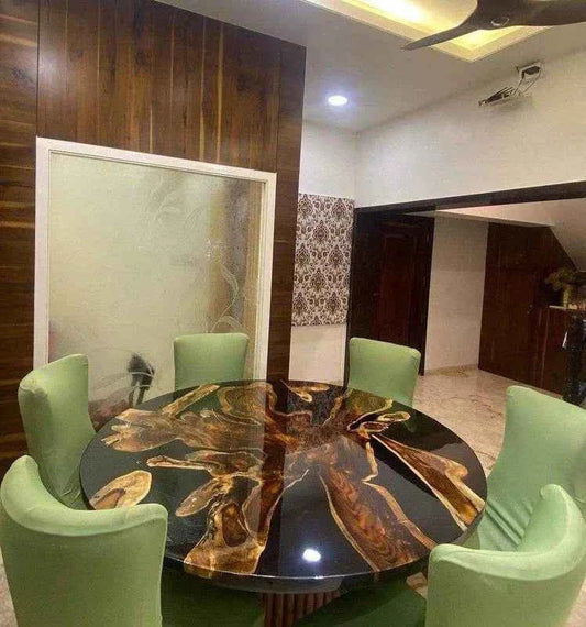 Round Black Wooden Resin Dining table with legs - Pacific Resin Art