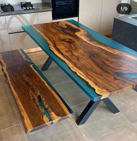 Matt Blue Translucent Resin Dining table with legs - Pacific Resin Art