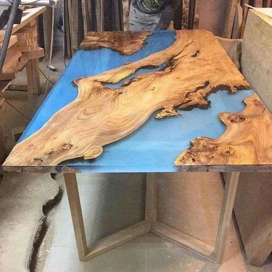 Smoky Blue Wooden Resin Dining table | Luxury Resin Dining Table for Home with legs - Pacific Resin Art