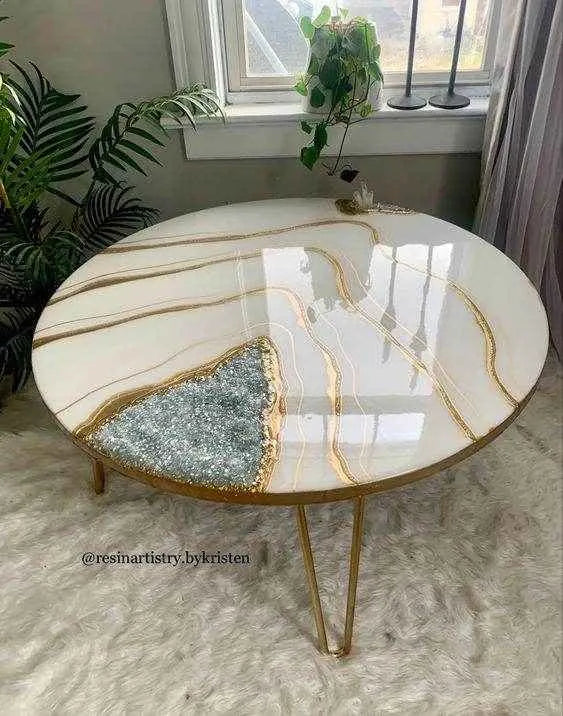 Golden Lines White resin coffee table | Designer Epoxy table for home without legs - Pacific Resin Art