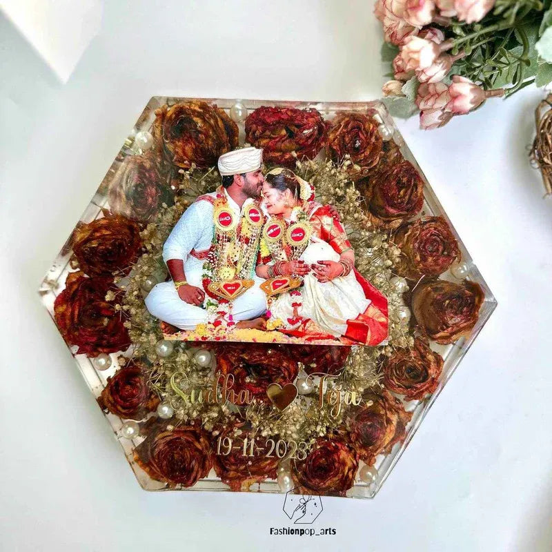 Hexagonal Pure Resin Varmala preservation with picture personalization - Pacific Resin Art