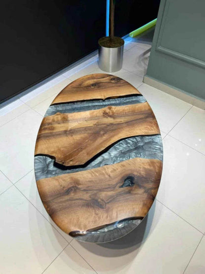 Oval Grey Wooden Resin Coffee table | Modern Center Table with legs - Pacific Resin Art