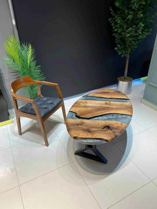 Oval Grey Wooden Resin Coffee table | Modern Center Table with legs - Pacific Resin Art