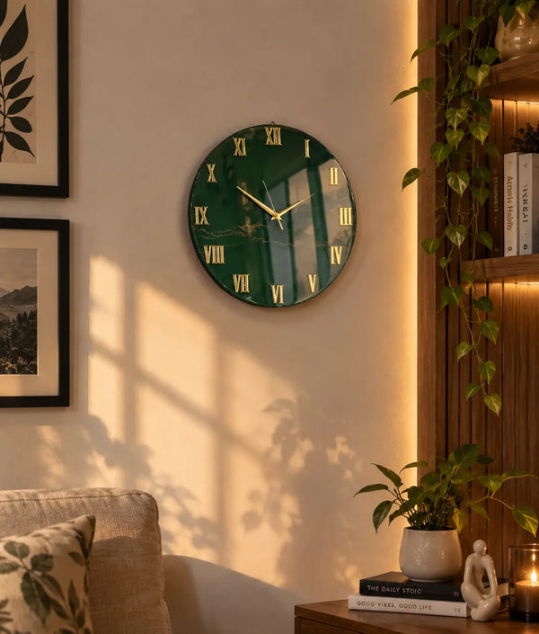 Vastu Jungle Green & Gold Resin Wall Clock | Luxury Elegance