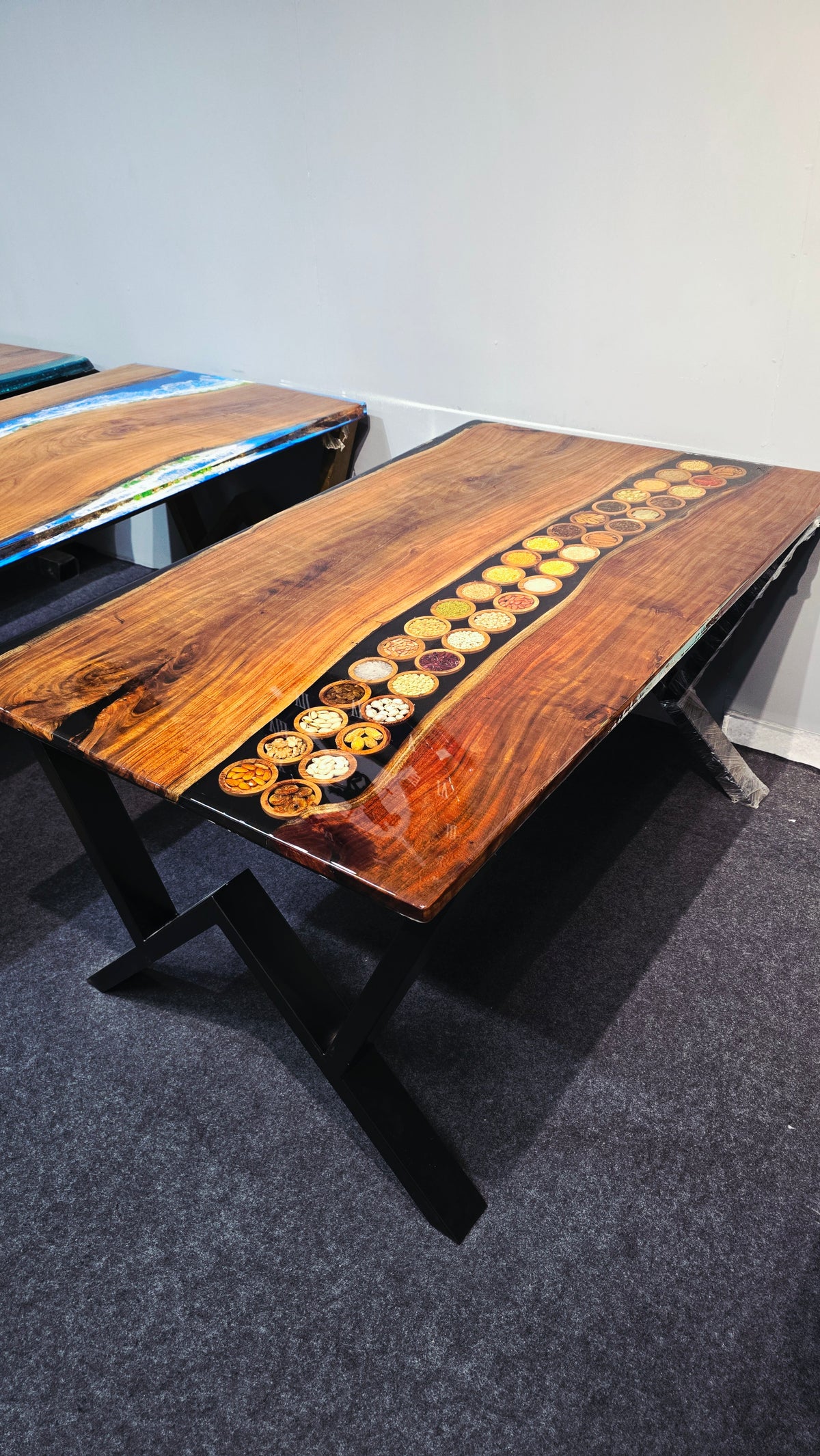 Real spicy and dry fruits preserved epoxy resin Dining Table | Luxury Wooden Table For Dining with legs