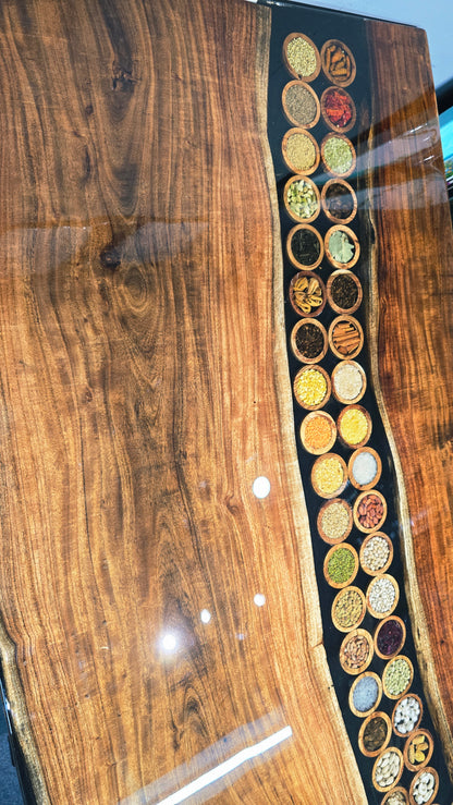 Real spicy and dry fruits preserved epoxy resin Dining Table | Luxury Wooden Table For Dining with legs