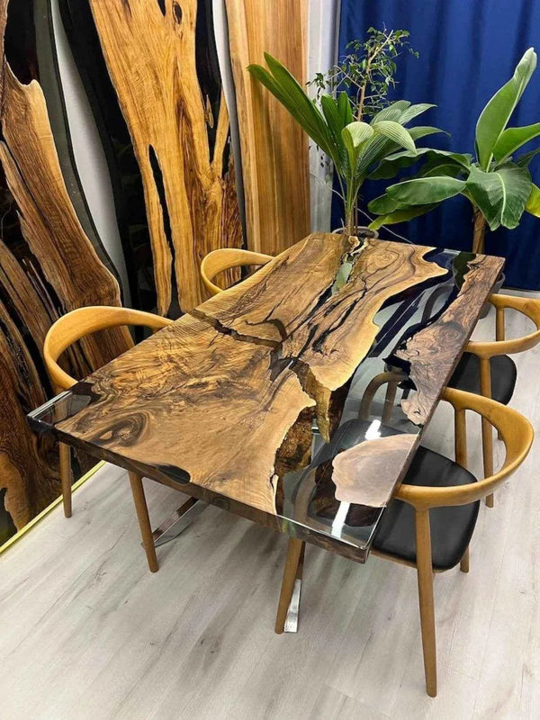 RubyMist Transparent Wooden Resin Dining Table with legs